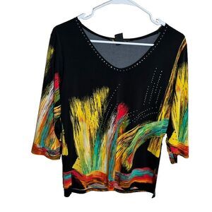 Valentina Blouse Women's Medium V-Neck 3/4 Sleeve Artsy Colorful Printed Top